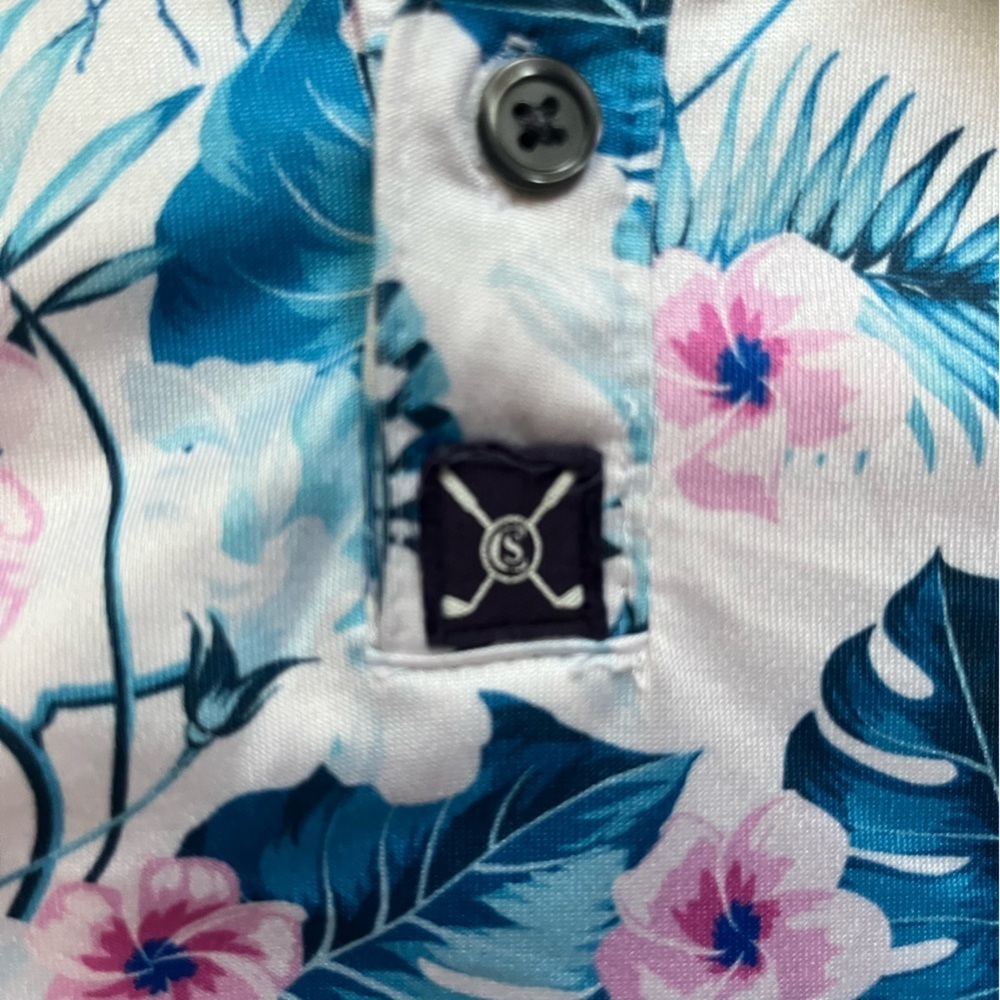 Con.struct Men’s White Blue Pink Hibiscus Palm Hawaiian Golf Polo Short Sleeve M - Picture 4 of 8